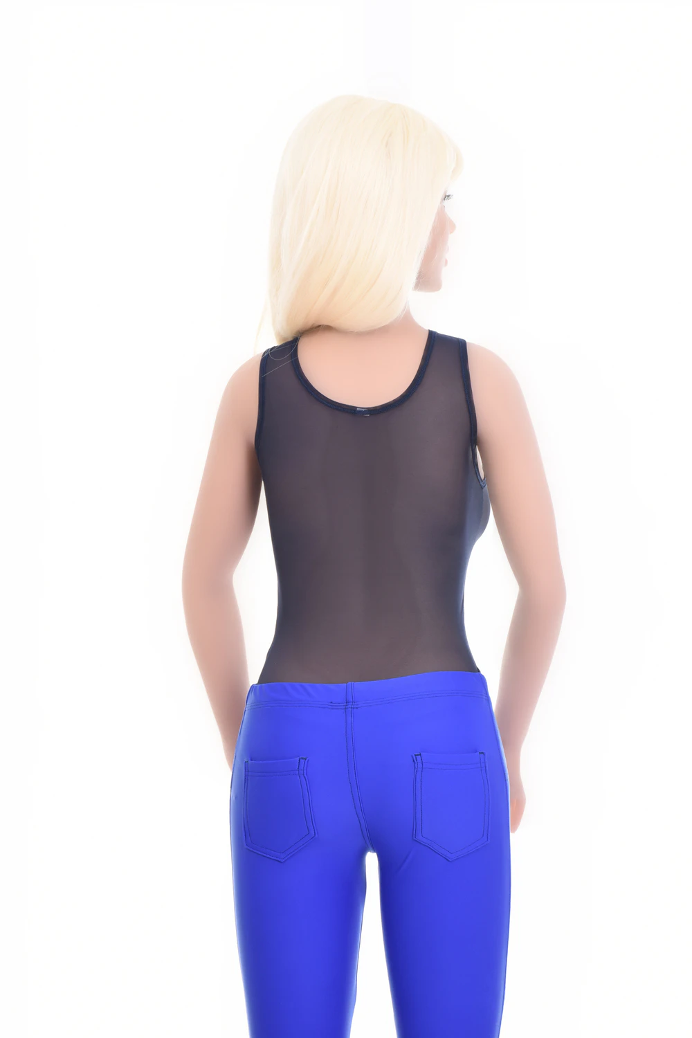 Scoop-neck mesh tank bodysuit with wide straps and brazilian cut, light and breathable for daily wear.