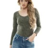 Scoop-neck microfiber bodysuit with hook-and-eye closure, a smooth base under an open shirt or alone.