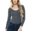 Scoop-neck speckled microfiber bodysuit with long sleeves and thong back, opaque and stretchy for everyday.