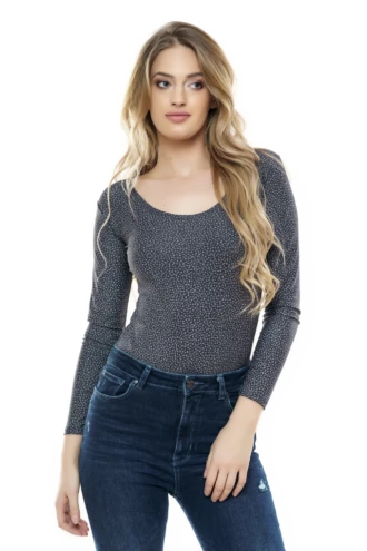 Scoop-neck speckled microfiber bodysuit with long sleeves and thong back, opaque and stretchy for everyday.