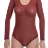 Semi-sheer mesh bodysuit with long sleeves and thong cut, a fine close everyday layer.