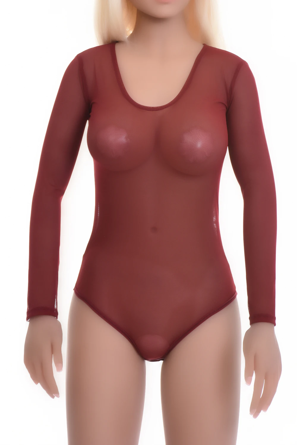 Semi-sheer mesh bodysuit with long sleeves and thong cut, a fine close everyday layer.