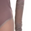Sheer cappuccino mesh bodysuit with lace at the neck and wrists, thong back for a clean line under clothing.