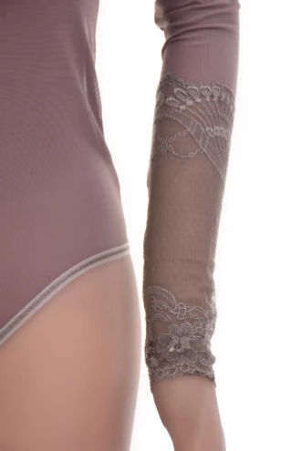 Sheer cappuccino mesh bodysuit with lace at the neck and wrists, thong back for a clean line under clothing.