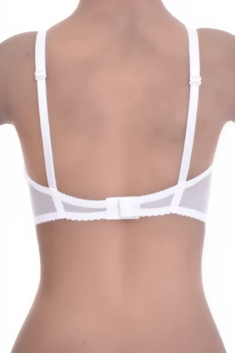 Delicate sheer mesh soft-cup bra with adjustable straps and a back hook-and-eye closure for an easy fit.