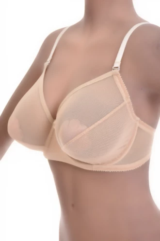 Light sheer mesh bra with soft unpadded cups for a delicate natural shape, with a back hook-and-eye closure.