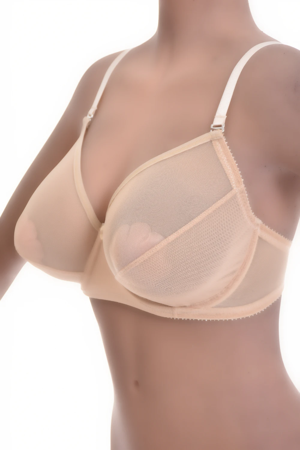 Light sheer mesh bra with soft unpadded cups for a delicate natural shape, with a back hook-and-eye closure.