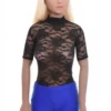 Short-sleeve black lace bodysuit with mock neck and thong cut, lace through the whole body, not just trim.