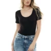 Short-sleeve cotton bodysuit with hook-and-eye closure and thong cut, smooth under jeans or a skirt.