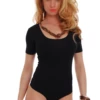 Short-sleeve cotton bodysuit with hook-and-eye closure and thong cut, smooth under jeans or a skirt.