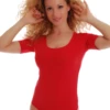 Short-sleeve cotton bodysuit with hook-and-eye closure and thong cut, smooth under jeans or a skirt.