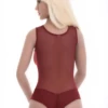 Sleeveless mesh bodysuit by Tiara Galiano on wide straps with hook-and-eye fastening, easy to layer.