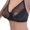 Smooth microfiber bra with soft unpadded cups and sheer panels, clean and light under fitted clothing.