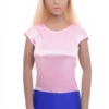 Smooth pink satin bodysuit with a gentle sheen that dresses up under a blazer or on its own.