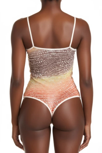 Fine snakeskin-print mesh tank bodysuit by Tiara Galiano with contrast cream binding and a clean thong line.