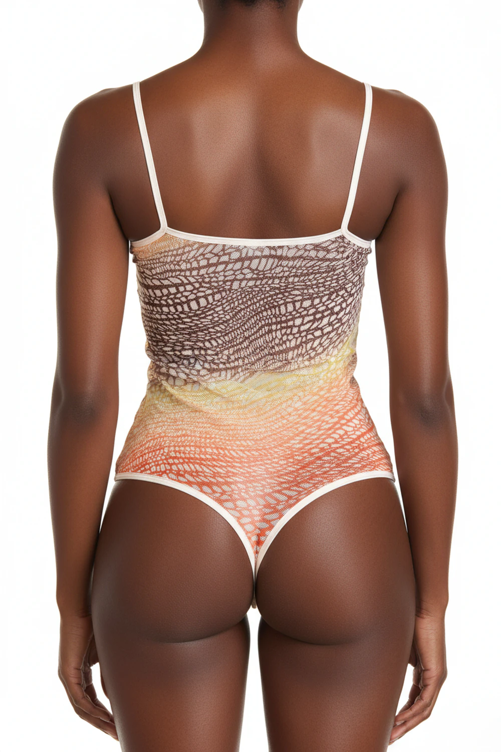 Fine snakeskin-print mesh tank bodysuit by Tiara Galiano with contrast cream binding and a clean thong line.