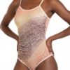 Women's sleeveless snakeskin-print mesh bodysuit with a scoop neck, spaghetti straps and thong cut.