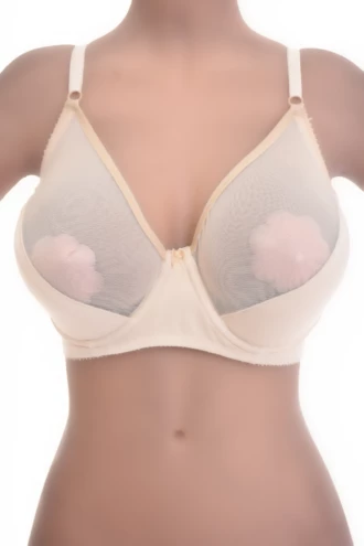Smooth unpadded soft-cup bra with see-through mesh panels and fine adjustable straps, light for everyday wear.