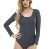 Women's speckled dark gray microfiber bodysuit with a scoop neck, long sleeves and a thong cut.