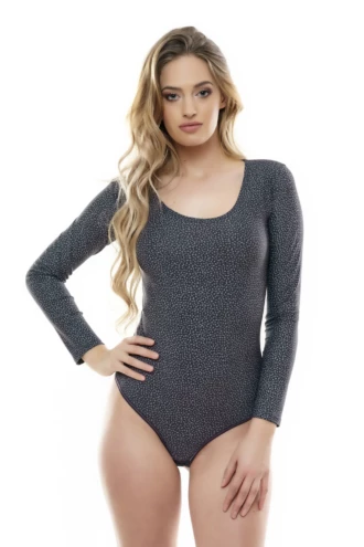 Women's speckled dark gray microfiber bodysuit with a scoop neck, long sleeves and a thong cut.