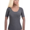 Women's speckled dark gray microfiber bodysuit with a scoop neck, short sleeves and a thong cut.
