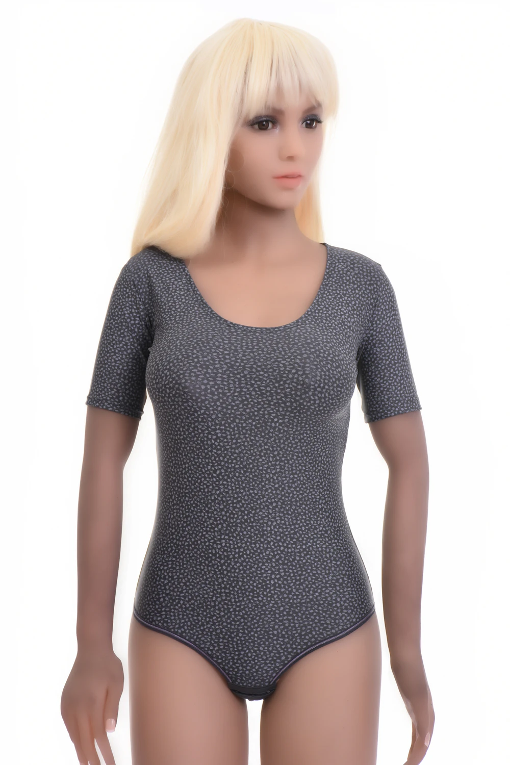Women's speckled dark gray microfiber bodysuit with a scoop neck, short sleeves and a thong cut.