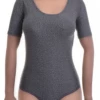 Speckled dark gray microfiber bodysuit by Tiara Galiano with scoop neck and thong, a smooth everyday layer.