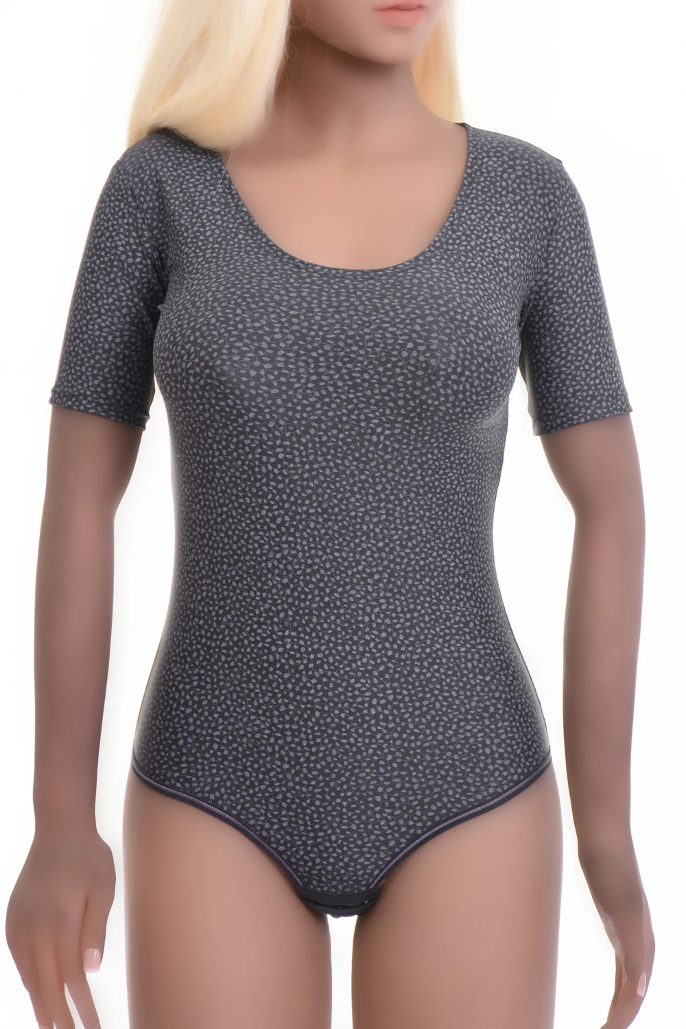 Speckled dark gray microfiber bodysuit by Tiara Galiano with scoop neck and thong, a smooth everyday layer.