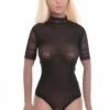 Tiara Galiano black lace bodysuit with mock neck and thong cut, all-over lace for a polished line.
