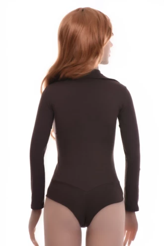 Tiara Galiano cotton shirt bodysuit with V-neck and brazilian back, polished under tailored trousers.