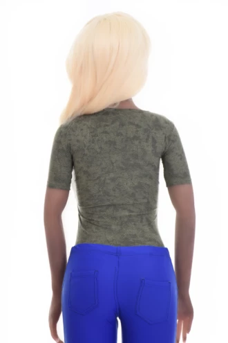 Tiara Galiano marbled green microfiber bodysuit with scoop neck and hook-and-eye fastening.