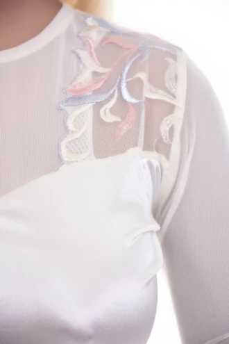 Tiara Galiano satin bodysuit with sheer mesh shoulders and long sleeves, a polished layer for evenings.