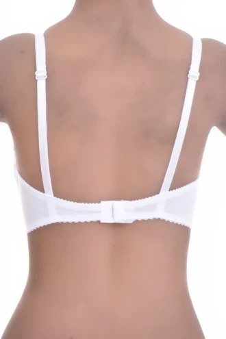 Unpadded cotton soft-cup bra with a sheer mesh trim and adjustable straps, soft and breathable against the skin.
