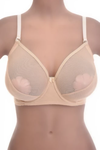 Unpadded mesh soft-cup bra in lightweight see-through fabric with a natural shape and fine adjustable straps.