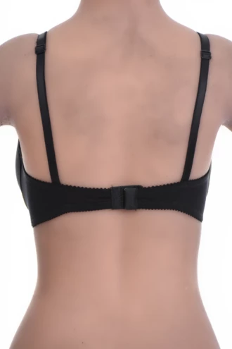 Unpadded microfiber soft-cup bra with sheer mesh trim, smooth under fitted tops with a back hook-and-eye closure.