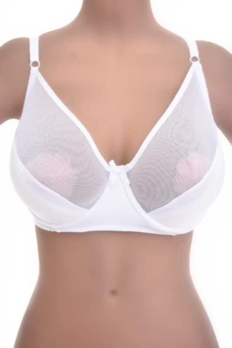 Unpadded soft-cup bra in smooth microfiber with see-through mesh panels for a light, airy finish.