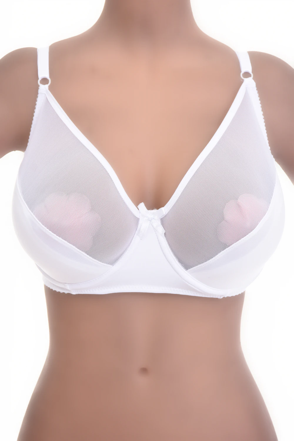 Unpadded soft-cup bra in smooth microfiber with see-through mesh panels for a light, airy finish.