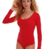 Versatile blouse-style cotton bodysuit with scoop neckline and long sleeves for everyday layering.