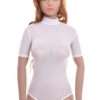 Women's white mesh bodysuit with a mock neckline, short sleeves and a brazilian cut.