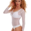 Women's white mesh bodysuit with a scoop neckline, long sleeves and a thong cut in fine semi-sheer mesh.