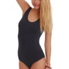 Wide-strap cotton tank bodysuit with scoop neck and bikini back, a no-fuss everyday base with jeans.