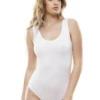 Wide-strap cotton tank bodysuit with scoop neck and bikini back, a no-fuss everyday base with jeans.