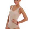 Wide-strap cotton tank bodysuit with scoop neck and bikini back, a no-fuss everyday base with jeans.