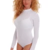 Women's long-sleeve cotton bodysuit with a mock neckline and thong cut in a close polo-style fit.