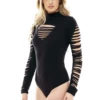 Women's long-sleeve cotton bodysuit with mock neck and thong cut, a close polo-style cool-weather base.