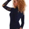 Women's long-sleeve cotton bodysuit with mock neck and thong cut, a close polo-style cool-weather base.
