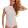 Women's sleeveless cotton bodysuit with mock neck and thong cut, a higher-necked everyday layer.