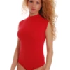 Women's sleeveless cotton bodysuit with mock neck and bikini cut, a close polo-style warm-weather layer.