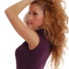 Women's sleeveless cotton bodysuit with mock neck and bikini cut, a close polo-style warm-weather layer.