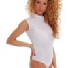 Women's sleeveless cotton bodysuit with a mock neckline and thong cut in a close polo-style shape.